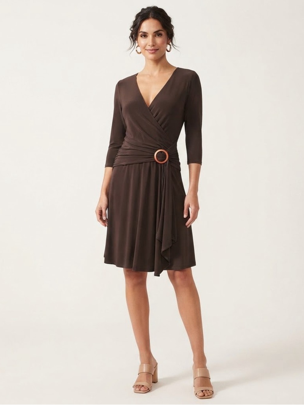 Laundry by Shelli Segal Dress 6 NWT Brown Ruched Faux Wrap Ring Y2K Midi